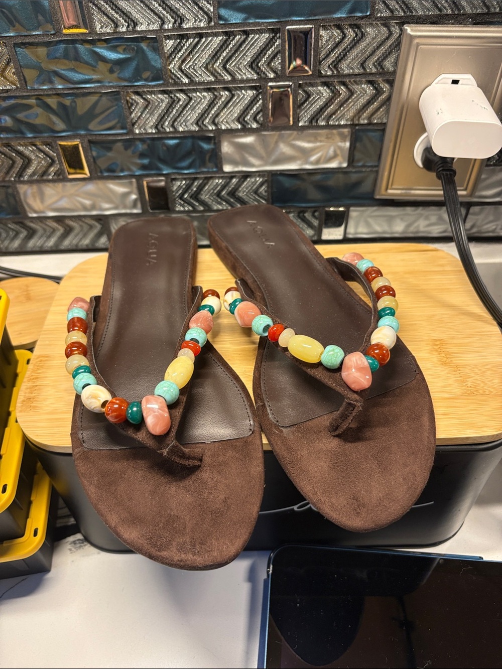 Aqua Brown Suede Beaded Thong Sandals with Multicolor Beads